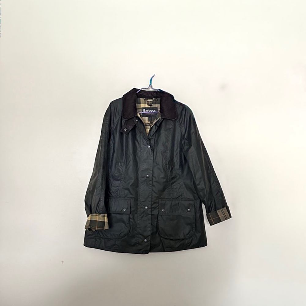 Women’s Barbour Beadnell Sage Green Waxed Coat with Plaid Lining Size US 10 - Picture 6 of 7